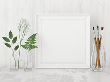 Square Interior Poster Mock Up With Empty Frame, Artistic Brushes And Plants In Bottles On White Wall Background. 3D Rendering.