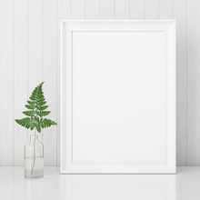 Vertical Interior Poster Mock Up With Empty Frame And Fern Leaf In Glass Bottle On White Wall Background. 3D Rendering.