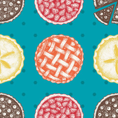 Wall Mural - Vector background with ink hand drawn fruit and berry baking illustration. Vintage seamless pattern with traditional cake, tart and pie sketch. Sweet bakery. Top view.