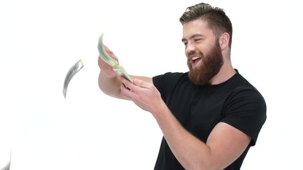 Poster - Young smiling happy bearded man throws money 