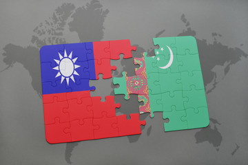 puzzle with the national flag of taiwan and turkmenistan on a world map background.