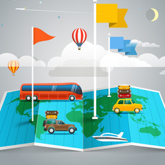 Poster - World map with different marks and transport. Design elements