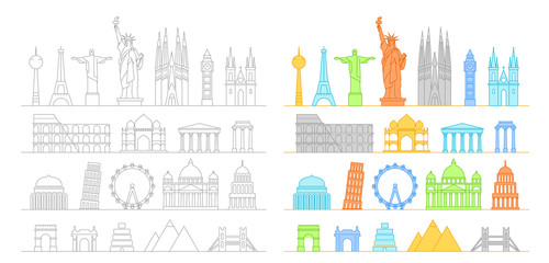 Aufkleber - Famous buildings silhouettes collection. Lineart illustration