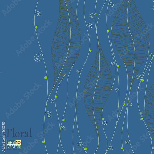 Foliage Background Vector Of Abstract Leaves And Waving Grass In Flowing Water White Space On Left Side Dark Background For Greeting Card Cover Design Etc Eps10 Blue Underwater Version Buy This