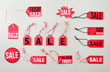 Paper tags with strings and word sale on grey background