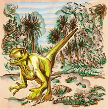 Velociraptor. DINOSAURS - Life In The Prehistoric Time. Freehand Sketching, Line Drawing. An Hand Drawn Vector Illustration. Colored Background Is Isolated. Colored Line Art. Vector Is Easy Editable.