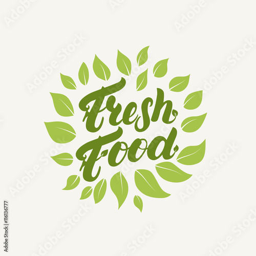 Fresh food logo, badge, label. Hand written lettering. Stock Vector