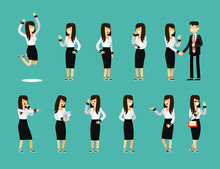 Characters Set Isolated Business Woman And Man, In Black White Costume Vector Illustration. Office Staff, Girl Happy Face, People Success, Manager And Employee. Business Concept In Flat.
