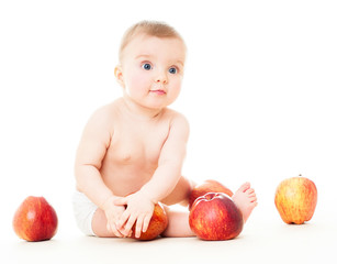 Sticker - Beautiful baby with red apples. Baby eating healthy food isolated.