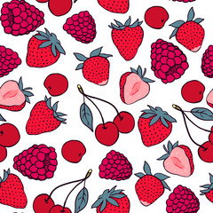 Wall Mural - Seamless pattern with strawberry, raspberry and cherry. Vector seamless texture for wallpapers, pattern fills, web page backgrounds