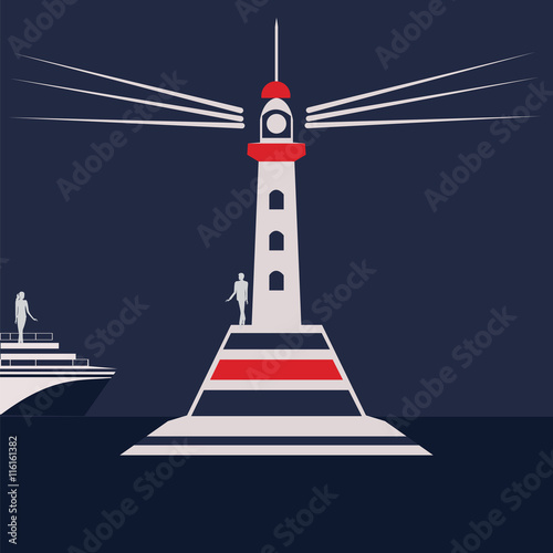 Lighthouse Sea Night Landscape Yacht Silhouette Of A Man And Woman Abstract Art Illustration Minimalism Flat Style Vector Blue Background Buy This Stock Vector And Explore Similar Vectors At Adobe Stock
