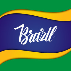 Aufkleber - Handwritten inscription Brazil on background in Brazilian flag colors. Hand drawn element for your design. Vector illustration.