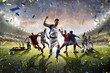 Leinwandbild Motiv Collage adult children soccer players in action on stadium panorama