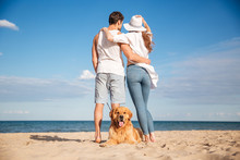 Couple Standing And Hugging While Their Dog Lying On Beach