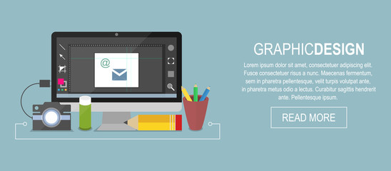 Poster - Graphic design vector banner. Computer, pencil, glue, colour box and camera.