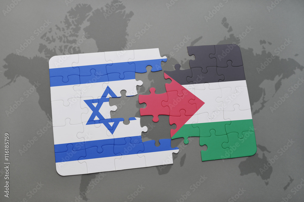 puzzle with the national flag of israel and palestine on a world map ...
