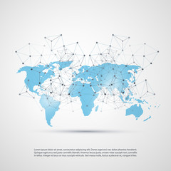 Wall Mural - Blue Cloud Computing and Networks Concept with World Map - Global Digital Network Connections, Technology Background, Creative Design Template with Transparent Geometric Wire Mesh