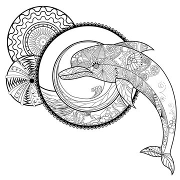 black and white outline drawing of a Dolphin with an abstract pa