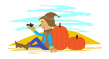 Sitting Scarecrow - Scarecrow Holding A Small Bird Is Sitting On The Ground And Leaning On A Pumpkin. Eps10