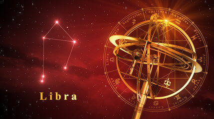 Wall Mural - armillary sphere and constellation libra over red background