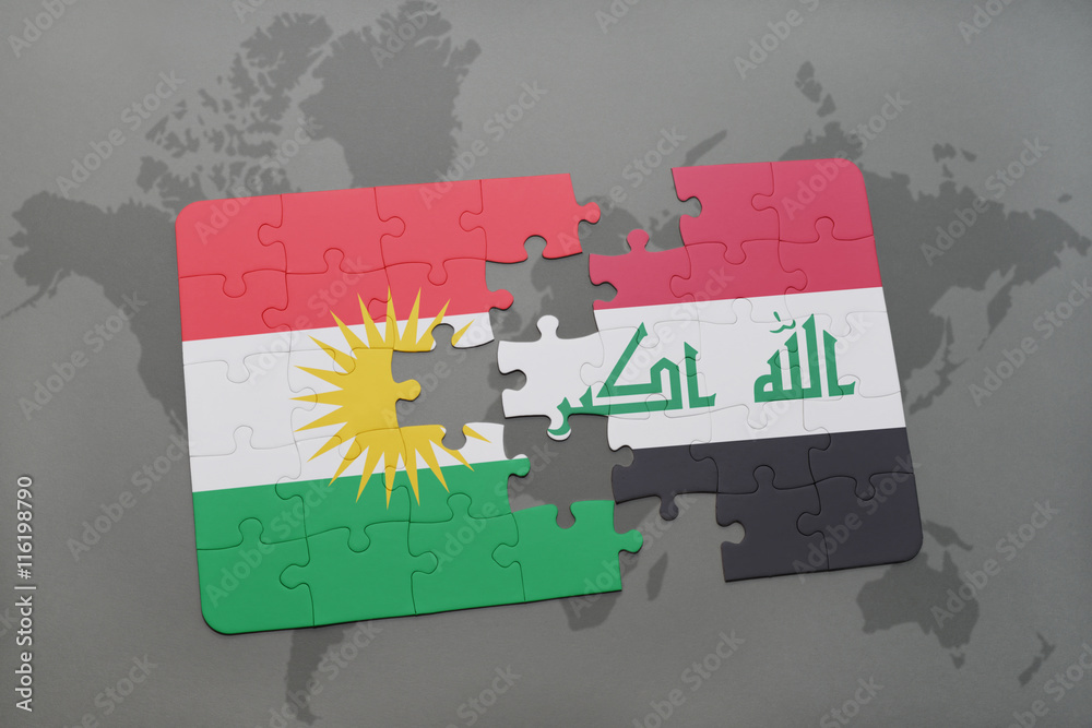puzzle with the national flag of kurdistan and iraq on a world map ...
