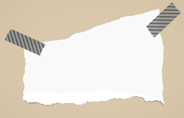 Poster - White ripped blank note paper are stuck with sticky tape on brown background