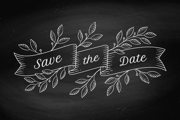 Canvas Print - greeting card with inscription save the date. old vintage ribbon banners with leaves and drawing in 
