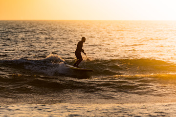 Stand up paddler silhouette at sunset