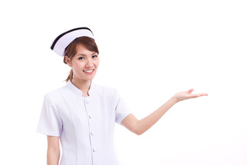 nurse pointing hand to blank space, studio isolated of asian chi