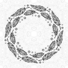Wall Mural - vector round zendoodle feathers frame