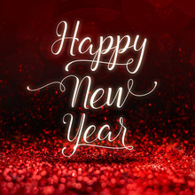 Happy New Year Word At Red Sparkling Glitter Perspective Backgro