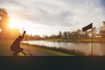 Wall Mural - silhouette of golfers hit sweeping and keep golf course in the s