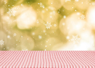 Wall Mural - Empty red tablecloth material wooden, deck for Christmas background.