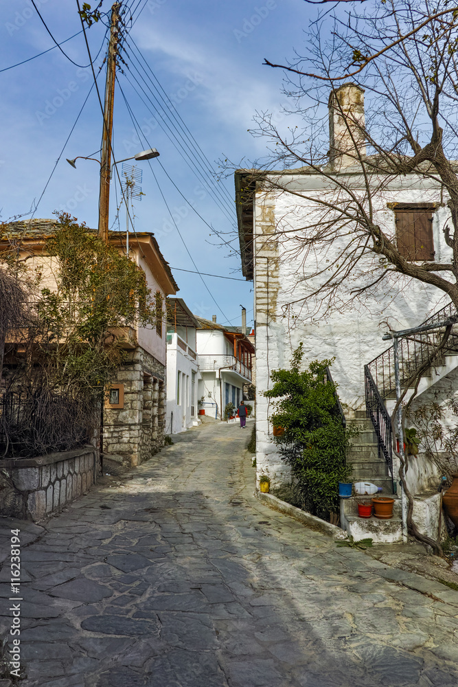 Street in village of Theologos,Thassos island, East Macedonia and Thrace, Greece   - obrazy, fototapety, plakaty 