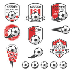 Vector illustration set of logos on football theme, as well as items for the game of football. It can be used as an emblem, logo and template for soccer tournaments.