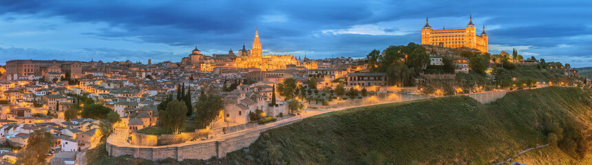 Panoramic view of ancient city and Alcazar on a hill over the Tagus River, Castilla la Mancha, Toledo, Spain