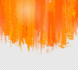 Wall Mural - Orange Grunge Paint Splashes Background. Vector with place for your Text. Splash Graffiti Texture Halftone Dots. Color Ink. Artistic Graphic