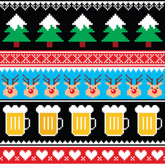 
Christmas jumper or sweater seamless pattern with beer, reindeer and trees