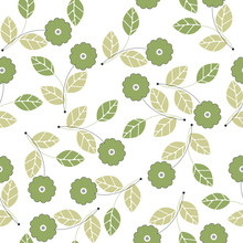 Seamless Pattern With Green Flowers And Leaves Isolated On White