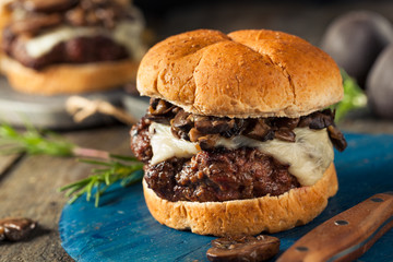 Canvas Print - Homemade Grassfed Mushroom and Swiss Cheese Hamburger