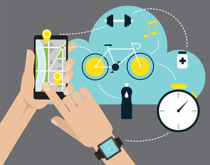 Hand holding mobile smart phone app with track displayed. Vector fitness route tracking concept illustration.