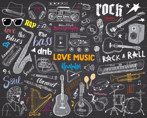 Music Instruments Set. Hand Drawn Sketch, Vector Illustration On Chalkboard.