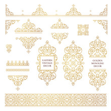 Vector Set Of Line Art Frames And Borders For Design Template. Element In Eastern Style. Golden Outline Floral Frames. Mono Line Decor For Invitations, Greeting Cards, Certificate, Thank You Message.