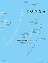 Tonga Political Map With Capital Nukualofa. Kingdom, Sovereign State And Archipelago In Polynesia With The Main Island Tongatapu. Known As The Friendly Island. English Labeling. Illustration.