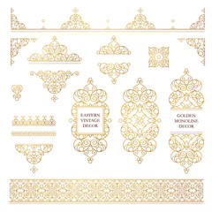 Wall Mural - Vector set of line art frames and borders for design template. Element in Eastern style. Golden outline floral frames. Mono line decor for invitations, greeting cards, certificate, thank you message.