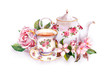 Teacup, tea pot, pink flowers - rose and cherry blossom. Watercolor