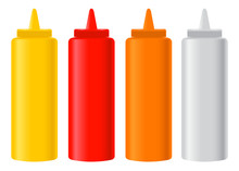 Various Condiment Bottles Mustard Ketchup Chili Mayonaise