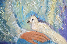 Abstract Acrylic Painting With White Dove On A Hand. Pigeon Sitting On A Palm