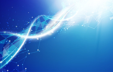 Poster - Science template for your card, blue wallpaper or banner with a DNA molecules of poligons. Wireframe mesh polygonal element. Glow light futuristic background.