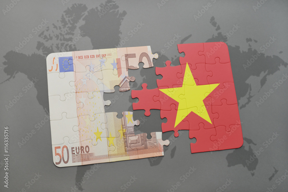 puzzle with the national flag of vietnam and euro banknote on a world ...